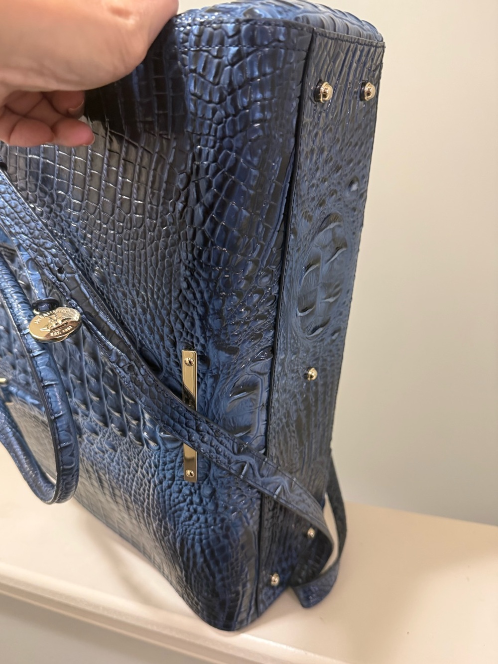 Brahmin Finley Deep Navy Croc-Embossed Tote with Matching Daisy pouch and wallet - Picture 4 of 15
